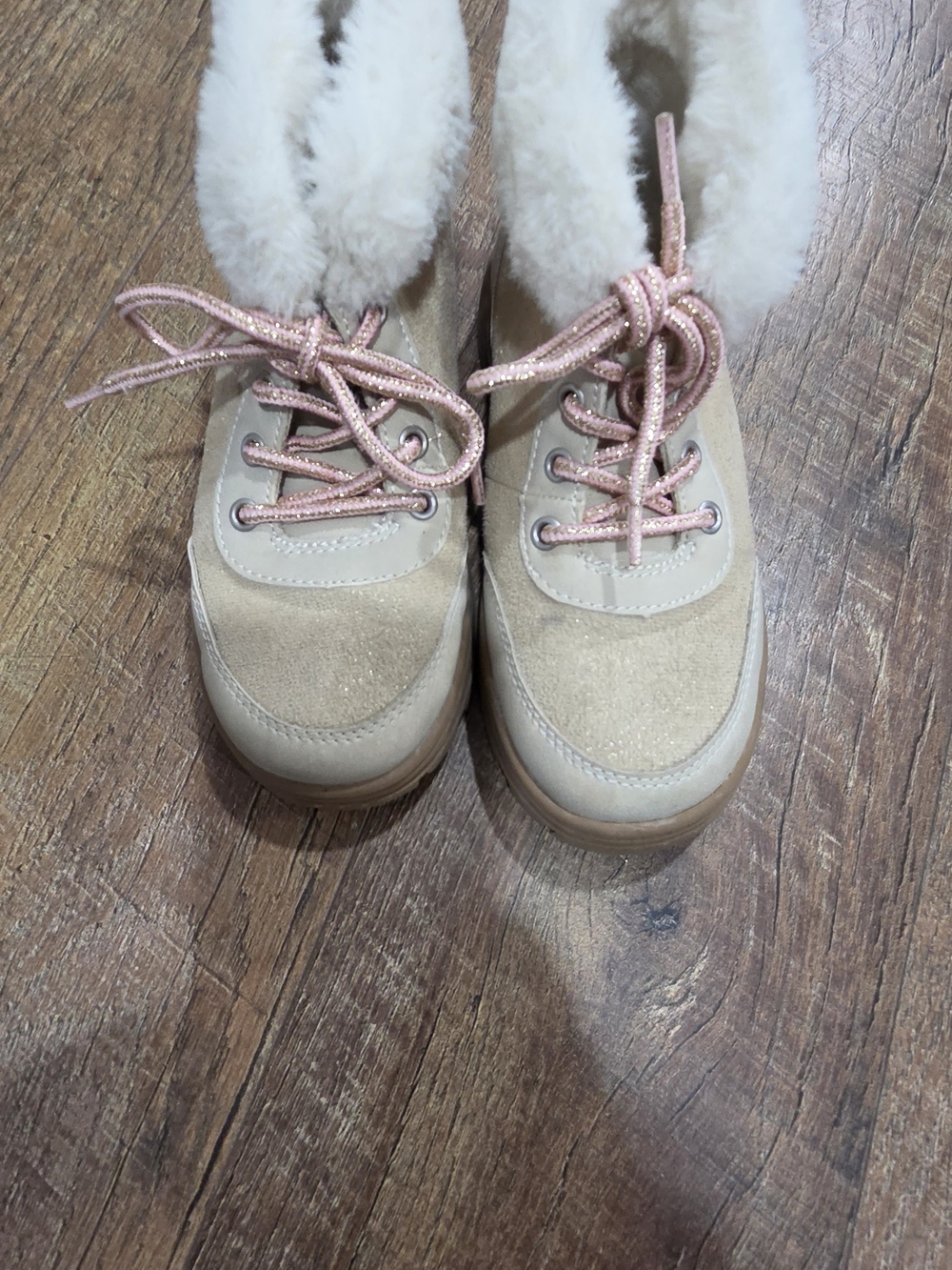 Carter's Beige Faux-Fur Kids Boots with Pink Glitter Laces